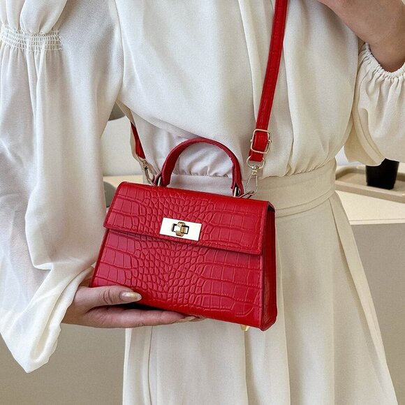 Burgundy Elegant Women's Mini Crocodile Pattern Faux Leather Flap Handbag - Picture 2 of 7